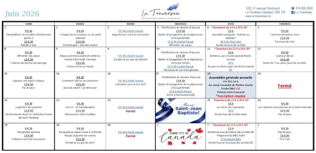Horaire Juin 2026