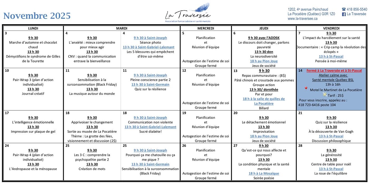 Horaire Novembre 2025