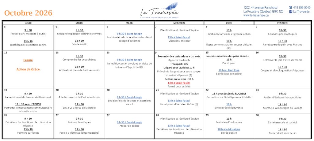 Horaire Octobre 2026
